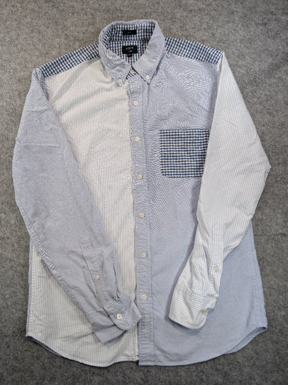 J.Crew Blue White Mixed Striped Seersucker Patchwork Button Down Shirt Slim - M